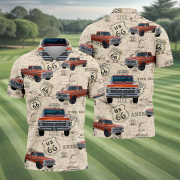 Custom Photo Truck Golf Shirt, Vintage Pickup Route 66 Map Pattern, Golf Shirt For Men