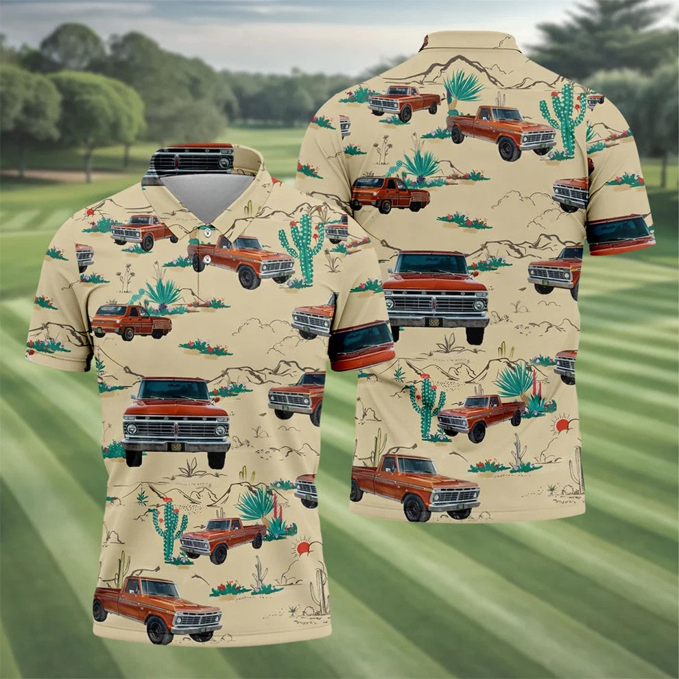 Personalized Pickup Truck Golf Shirt, Southwestern Desert Cactus Pattern, Golf Shirt For Men