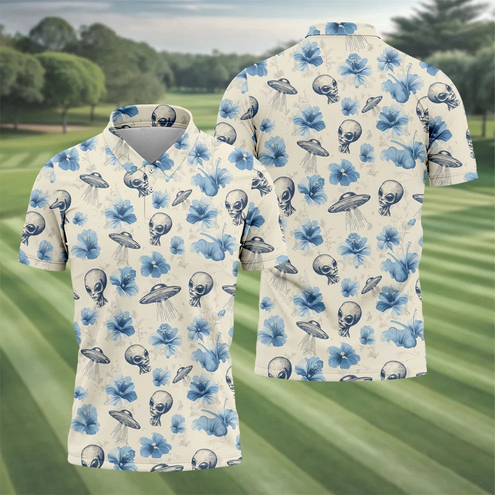 Funny Alien Blue Hibicus Tropical Theme Hawaiian Golf Shirt, Polo Shirts For Men, Golfing Apparel