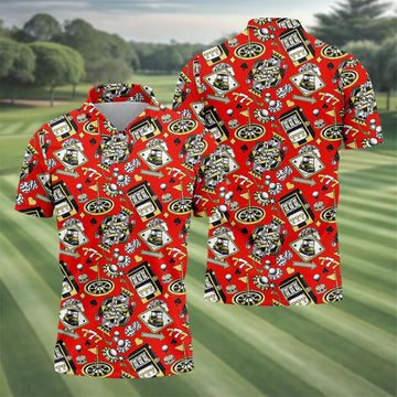 Casino Golf Pattern Red Hawaiian Golf Polo Shirt, Mens Golf Polo, Polo Shirts For Men