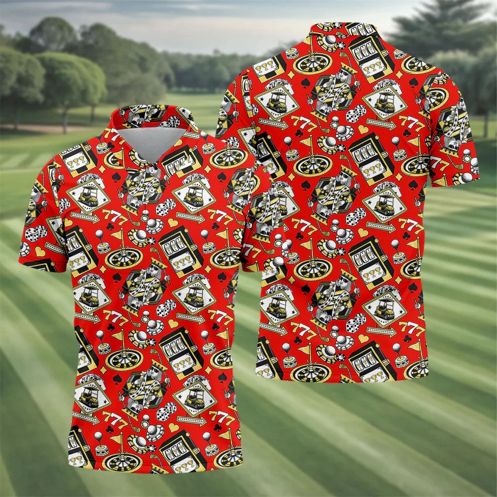 Casino Golf Pattern Red Hawaiian Golf Polo Shirt, Mens Golf Polo, Polo Shirts For Men