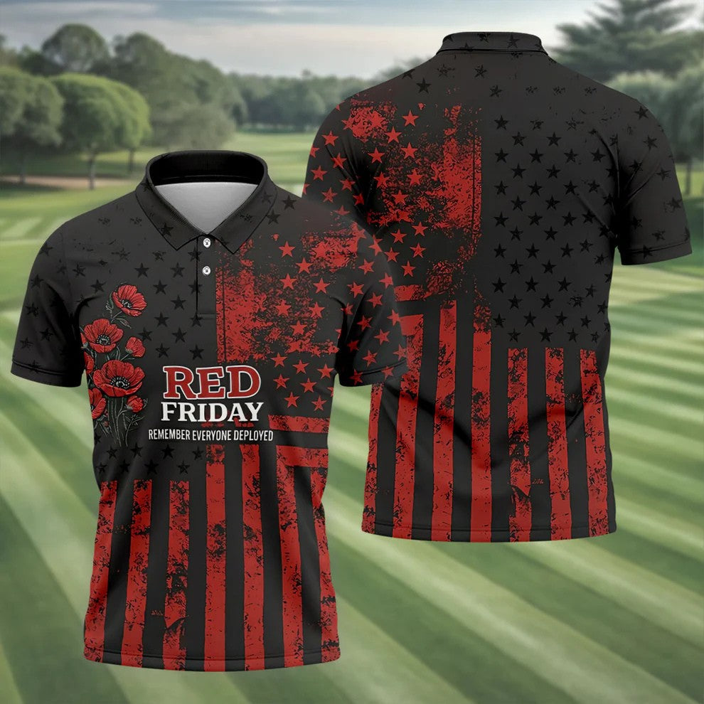 Red Friday American Flag Poppy Polo Shirt, Mens Golf Apparel, Printed Golf Shirts