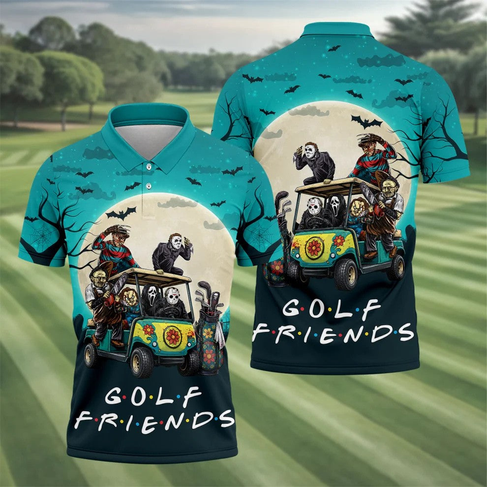 Horror Character Golf Cart Halloween Polo Shirt, Golf Shirts For Men, Halloween Shirt