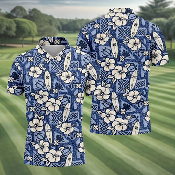 Blue Hawaiian Surfboard Hibiscus Design Hawaiian Golf Shirt, Golf Shirts For Men, Polo Shirts For Men