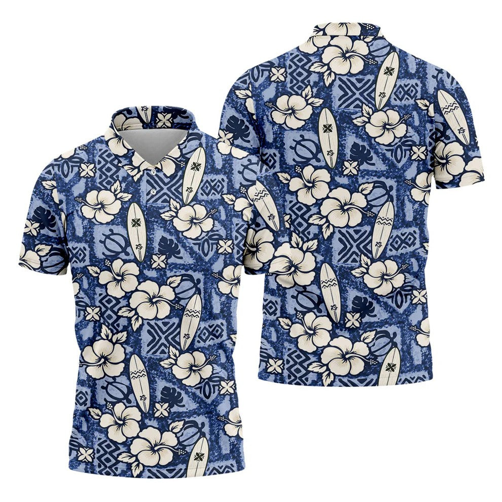 Blue Hawaiian Surfboard Hibiscus Design Hawaiian Golf Shirt, Golf Shirts For Men, Polo Shirts For Men