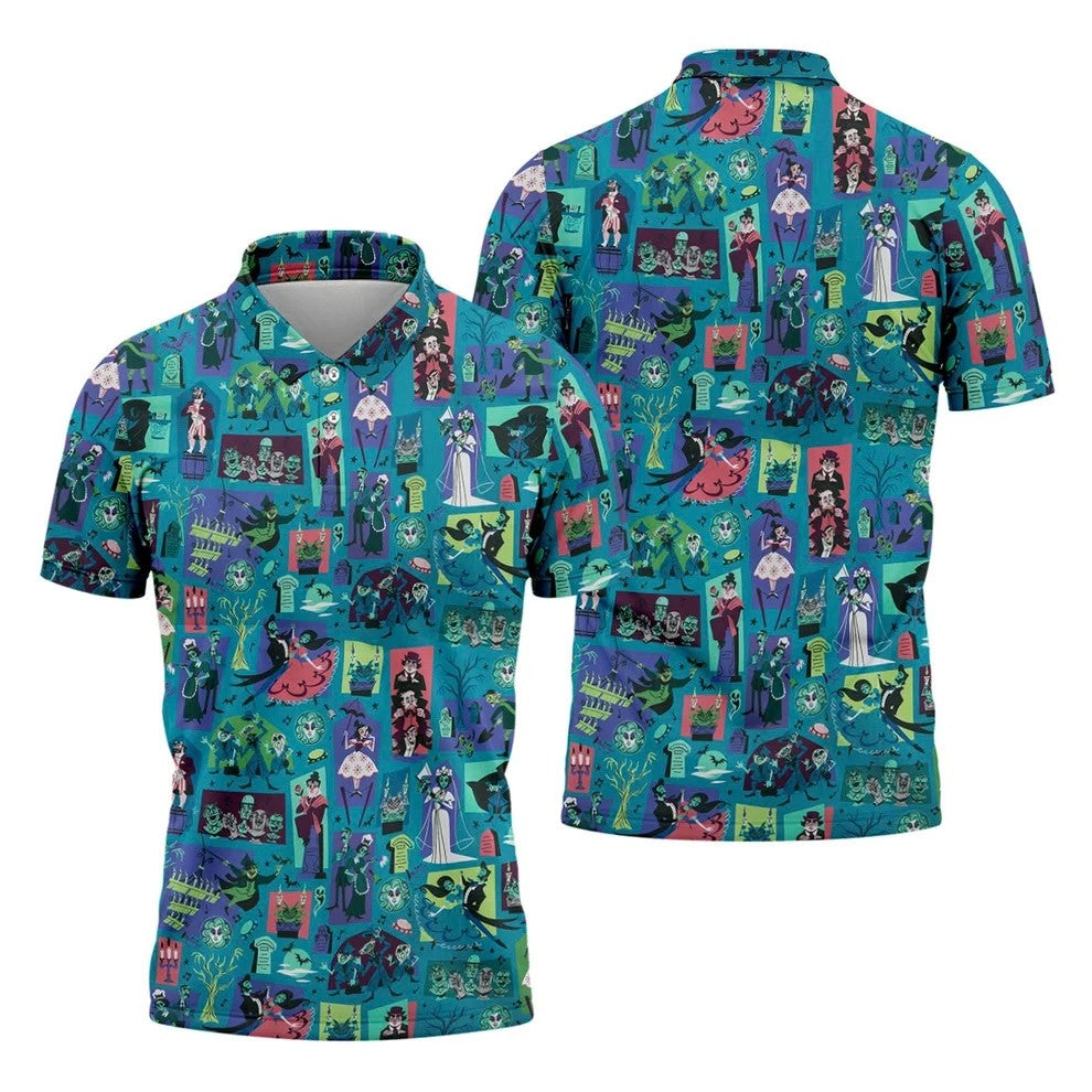 Retro Haunted House Halloween Golf Polo Shirt, Horror Character Shirt, Golf Shirts For Men