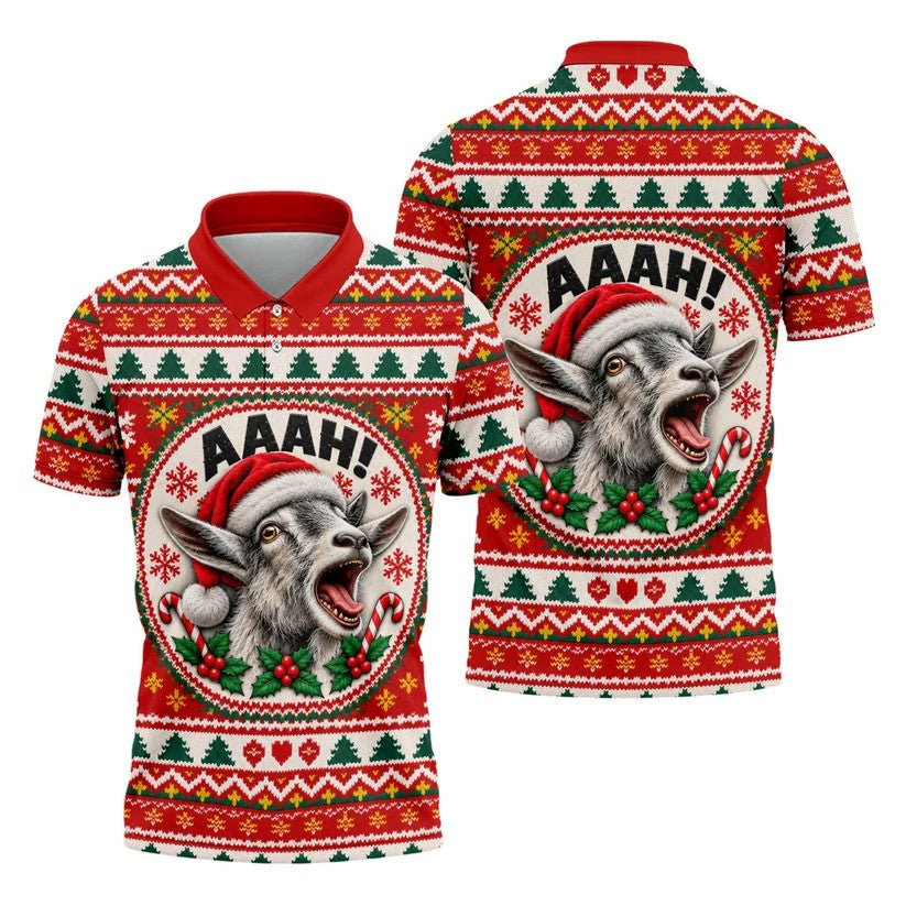 Funny Screaming Goat Christmas Golf Shirt, Golf Shirts For Men, Mens Golf Apparel