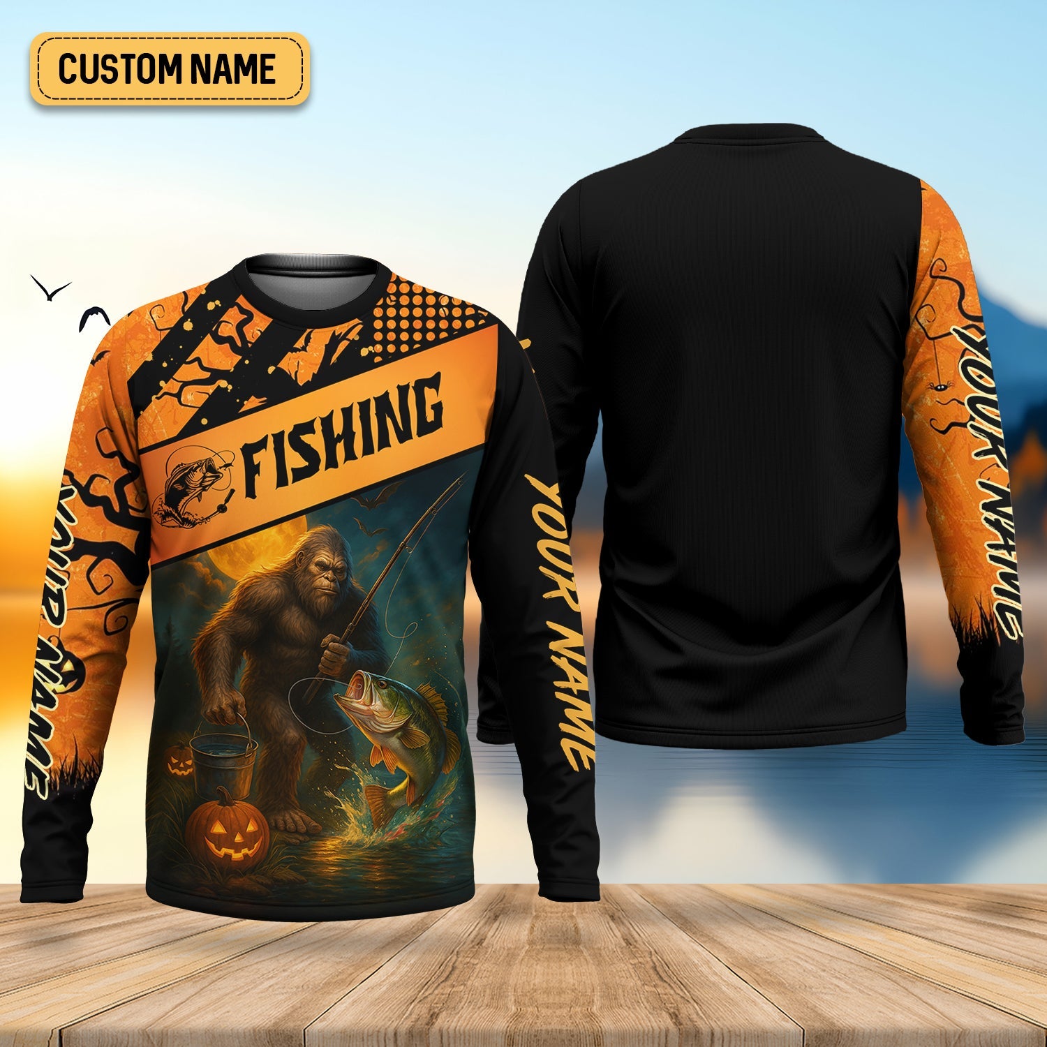 Bigfoot Halloween Fishing UPF Shirts, Fish Button Up Shirt, Fisherman Gift, Bass Fishing