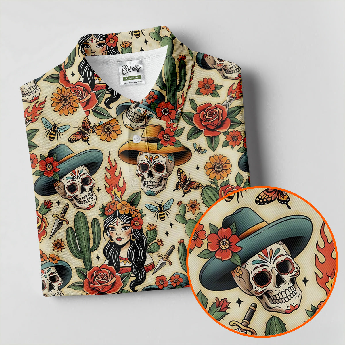 Day Of The Dead Sugar Skull Floral Polo Shirt, Womens Golf Polo, Hawaiian Golf Shirt
