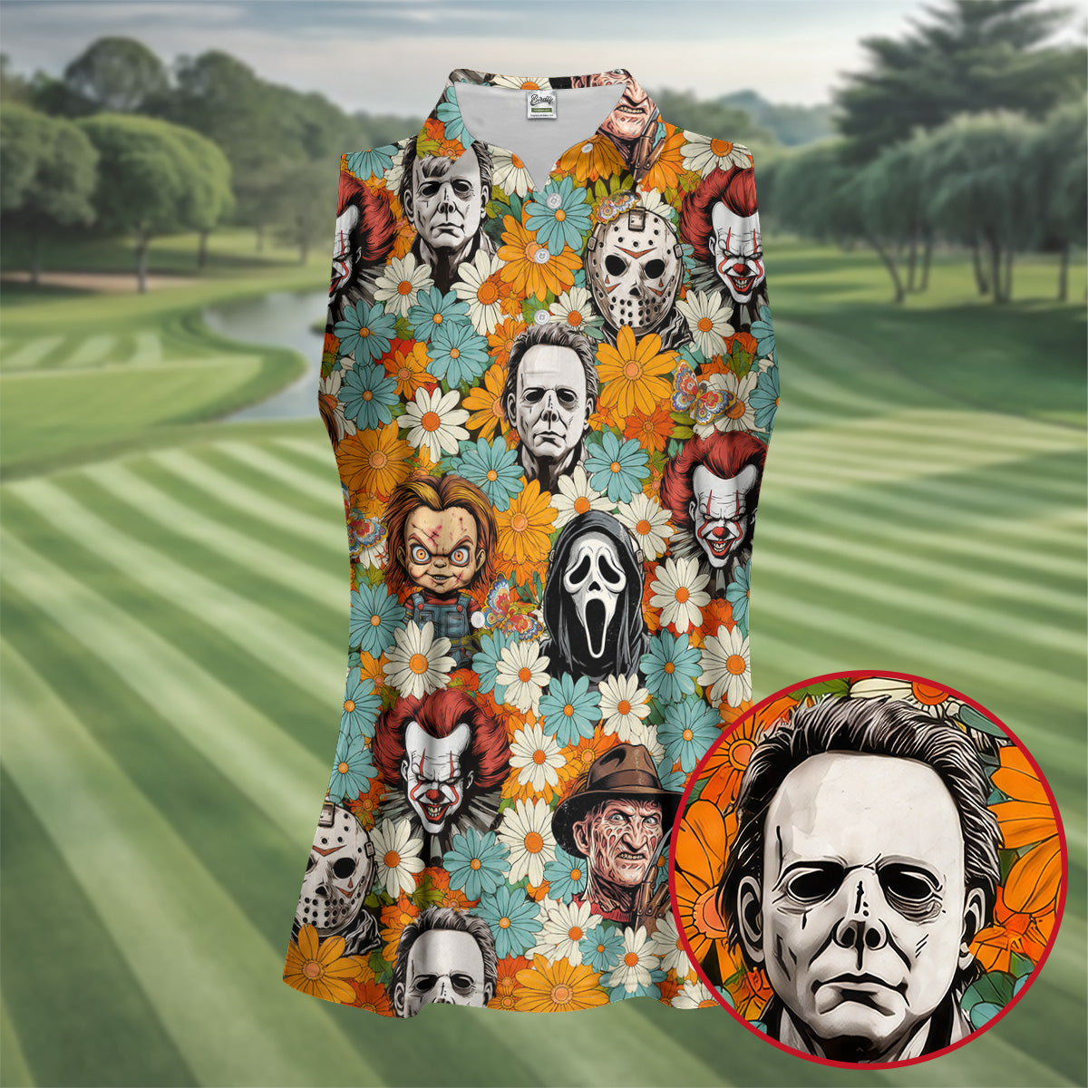 Floral Horror Character Halloween Golf Shirt, Women's Golf Apparel, Printed Golf Shirt