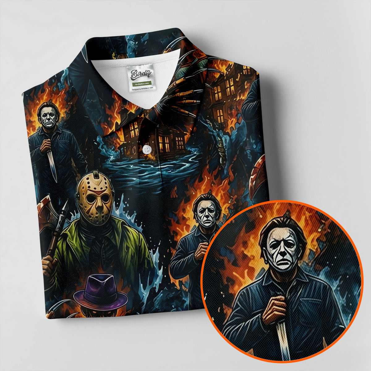 Horror Character Fire Collage Halloween Polo Shirt, Mens Golf Shirts, Mens Polo Shirts