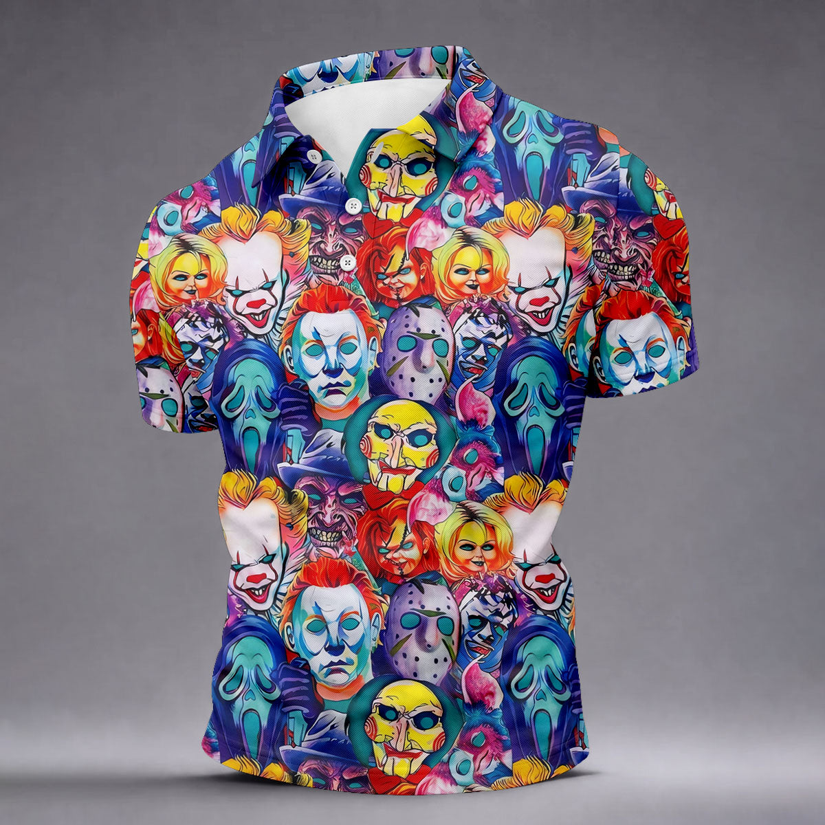 Colorful Horror Character Faces Halloween Polo Shirt, Mens Golf Shirts, Mens Polo Shirts