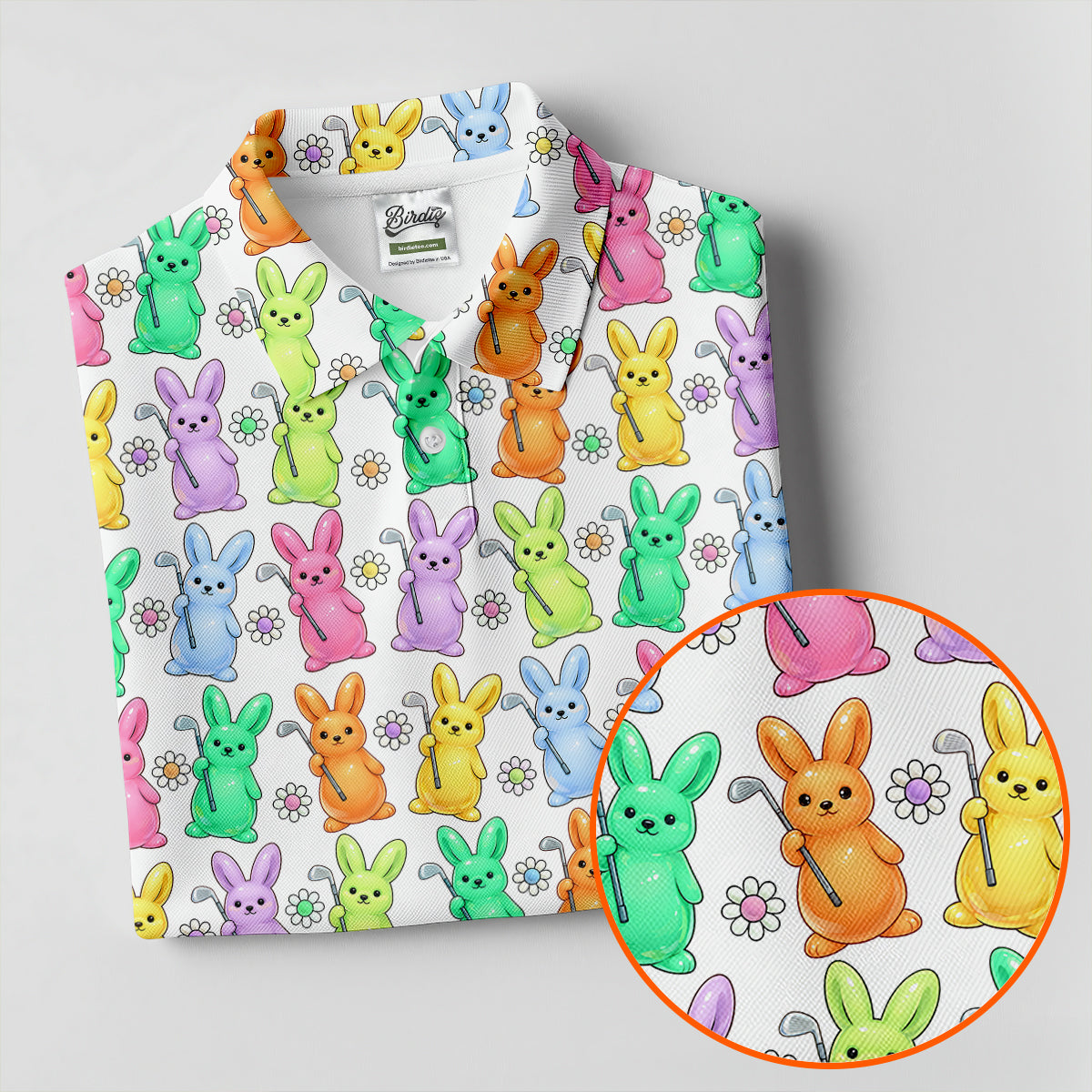 Colorful Easter Bunny White Golf Shirt, Cute Golf Outfit, Women's Golf Tops, Ladies Golf Shirts