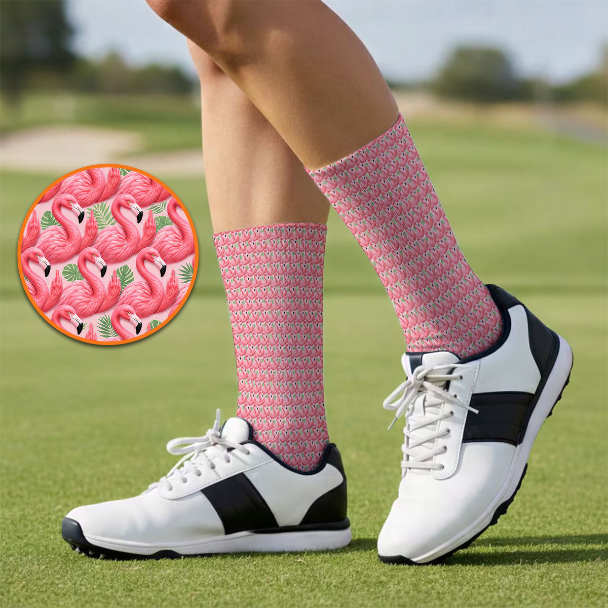 Crazy Flamingo Golf Socks, Pink Tropical Pattern Golf Crew Sock, Funny Golf Gift For Golfer