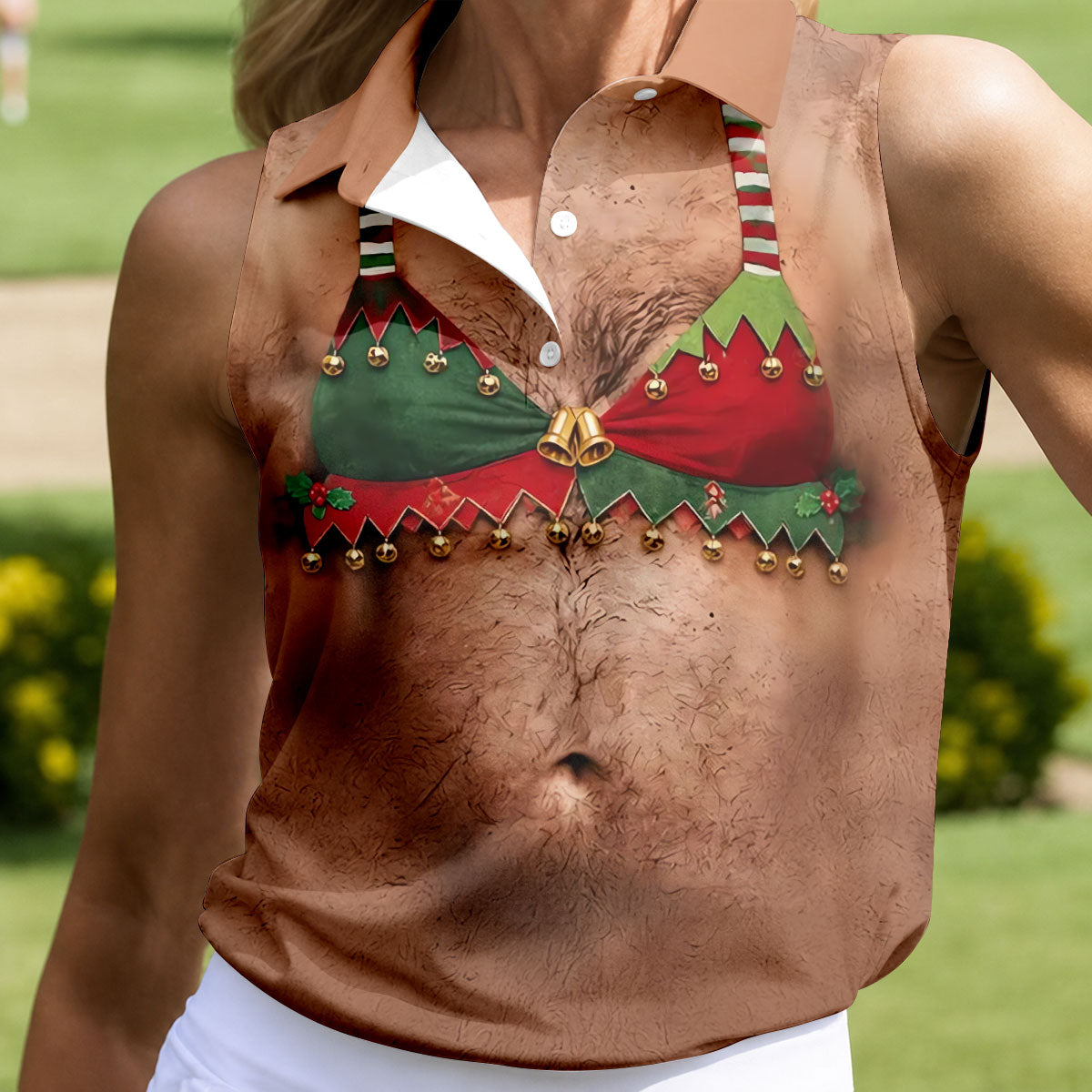 Funny Elf Bra Bells Christmas Golf Shirt, Women’s Golf Polo, Golf Tops For Women