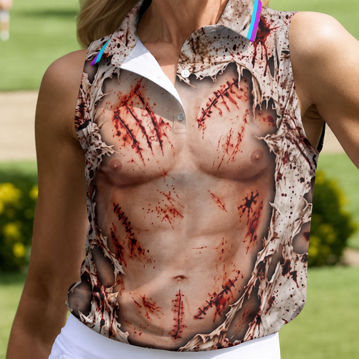 Bloody Stitched Torso Halloween Costume Polo Shirt, Womens Golf Tops, Halloween Golf Shirt