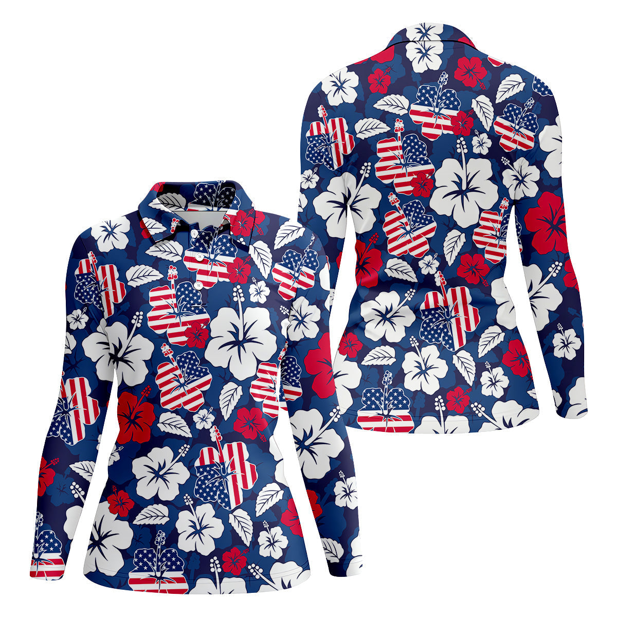 Tropical Hibiscus American Flag Womens Golf Polo Shirt4th Of July Shirts, US 250 Anniversary Ladies Golf Shirt