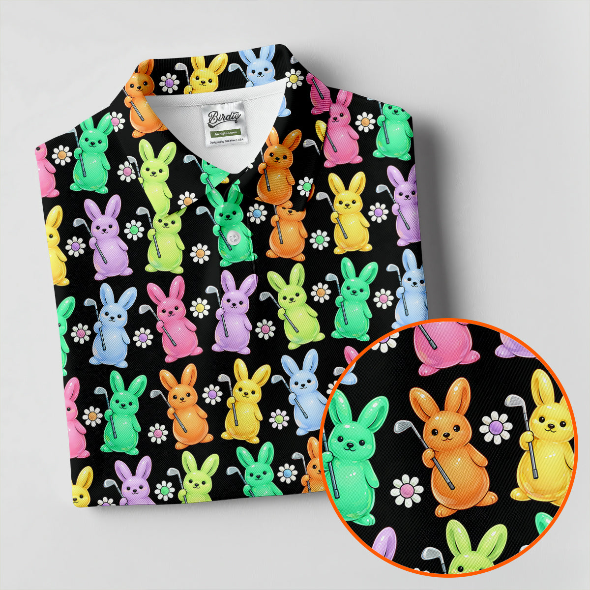 Colorful Easter Bunny Black Golf Shirt, Cute Golf Outfit, Women's Golf Tops, Ladies Golf Shirts