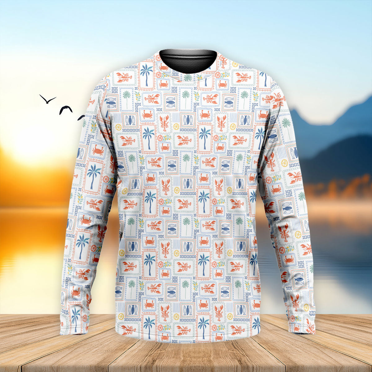 Seafood Patchwork Pattern Tropical Theme Fishing UPF Shirts, Fishing Shirts For Men