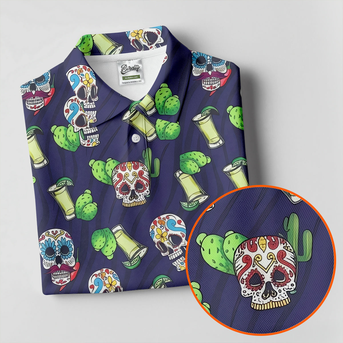 Day Of The Dead Sugar Skull Cactus Polo Shirt, Mens Golf Polo, Hawaiian Golf Shirt