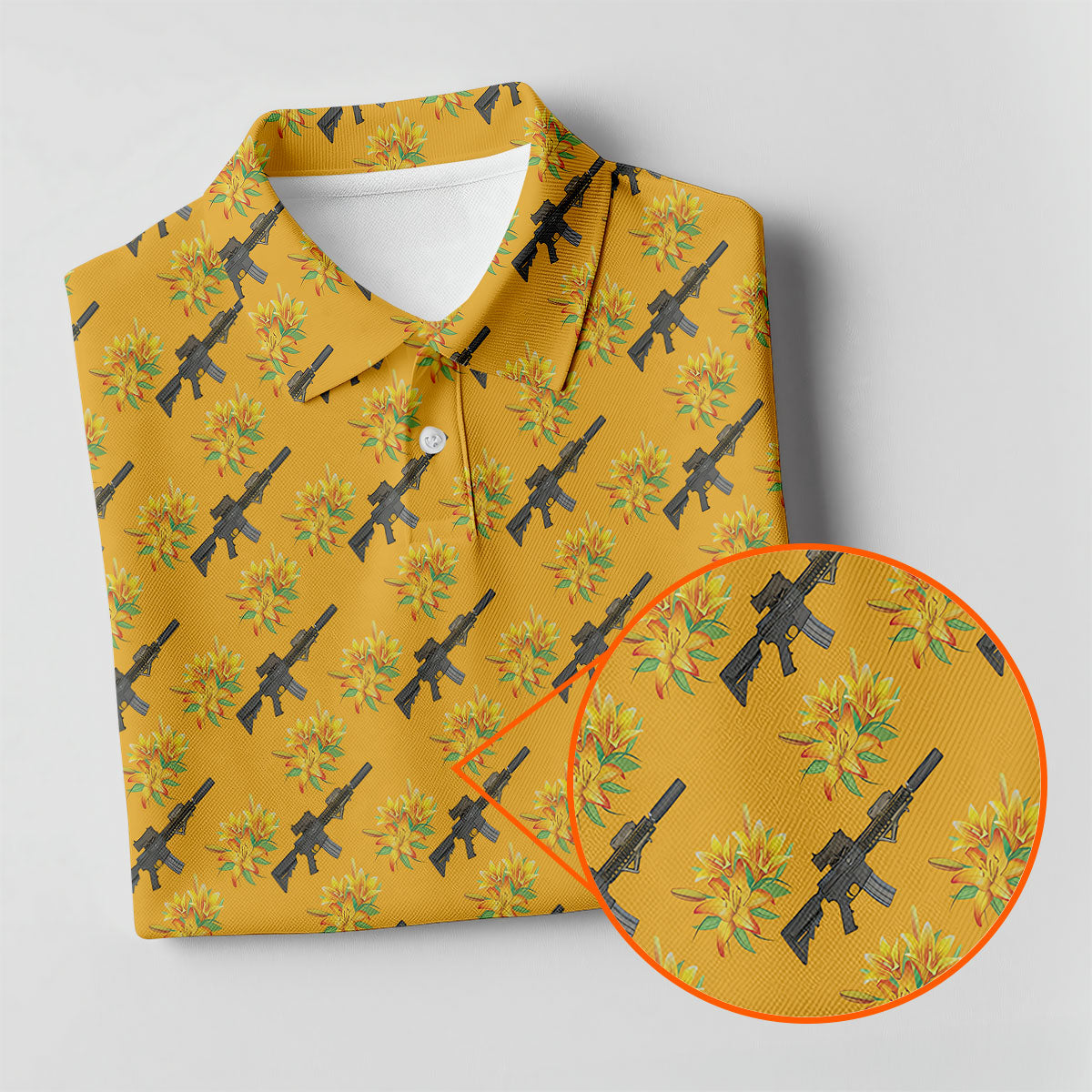 Gun And Flower Yellow Lily Flower Seamless Pattern Yellow Golf Shirt, Women's Golf Tops, Ladies Golf Shirt