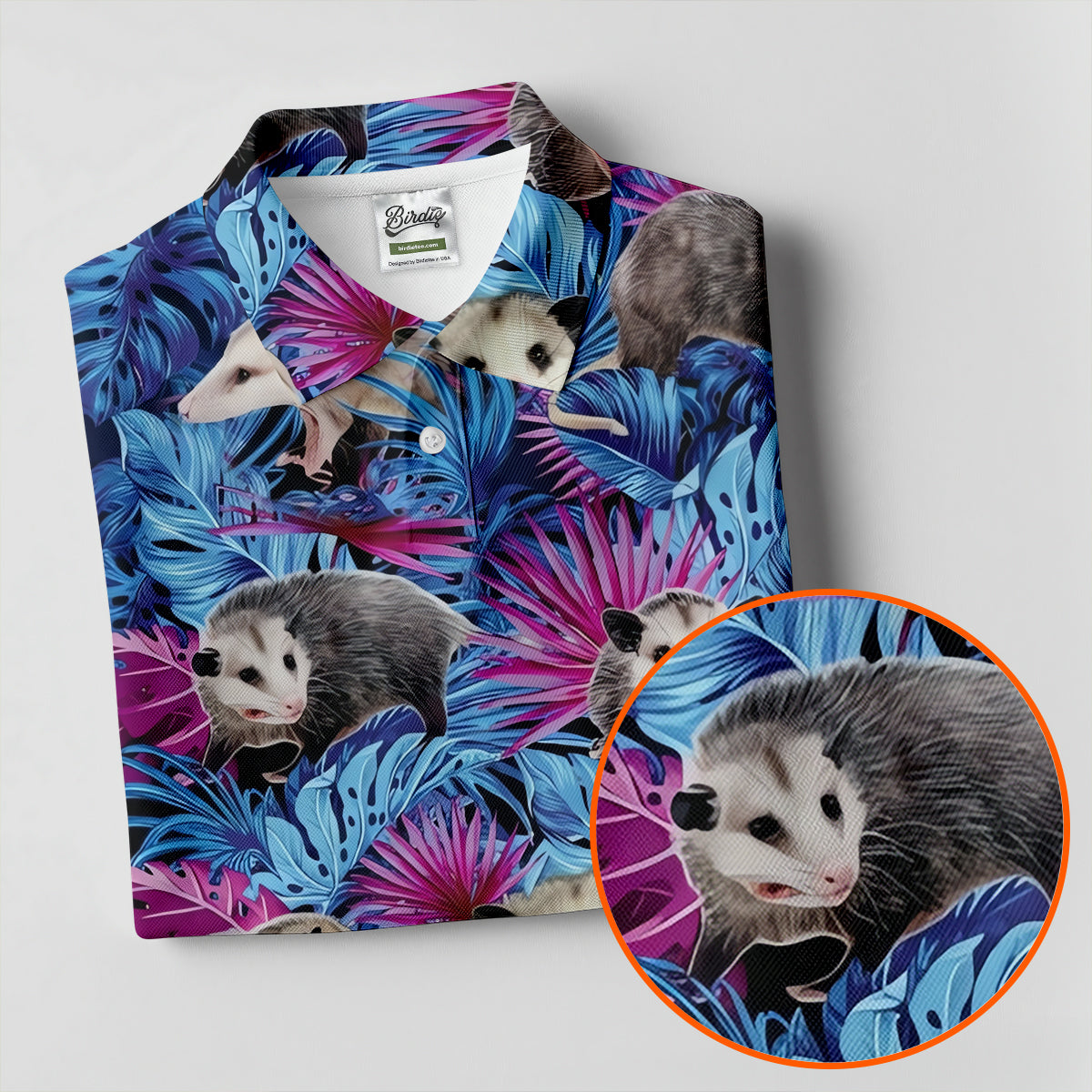 Funny Opossum Blue Purple Hawaiian Golf Shirt, Tropical Theme Golf Shirts For Men