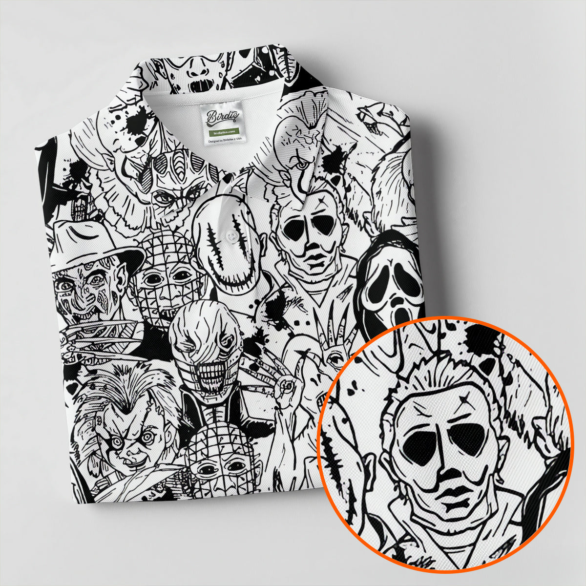 Black White Horror Character Sketch Golf Shirt, Women’s Golf Polo, Halloween Golf Shirt