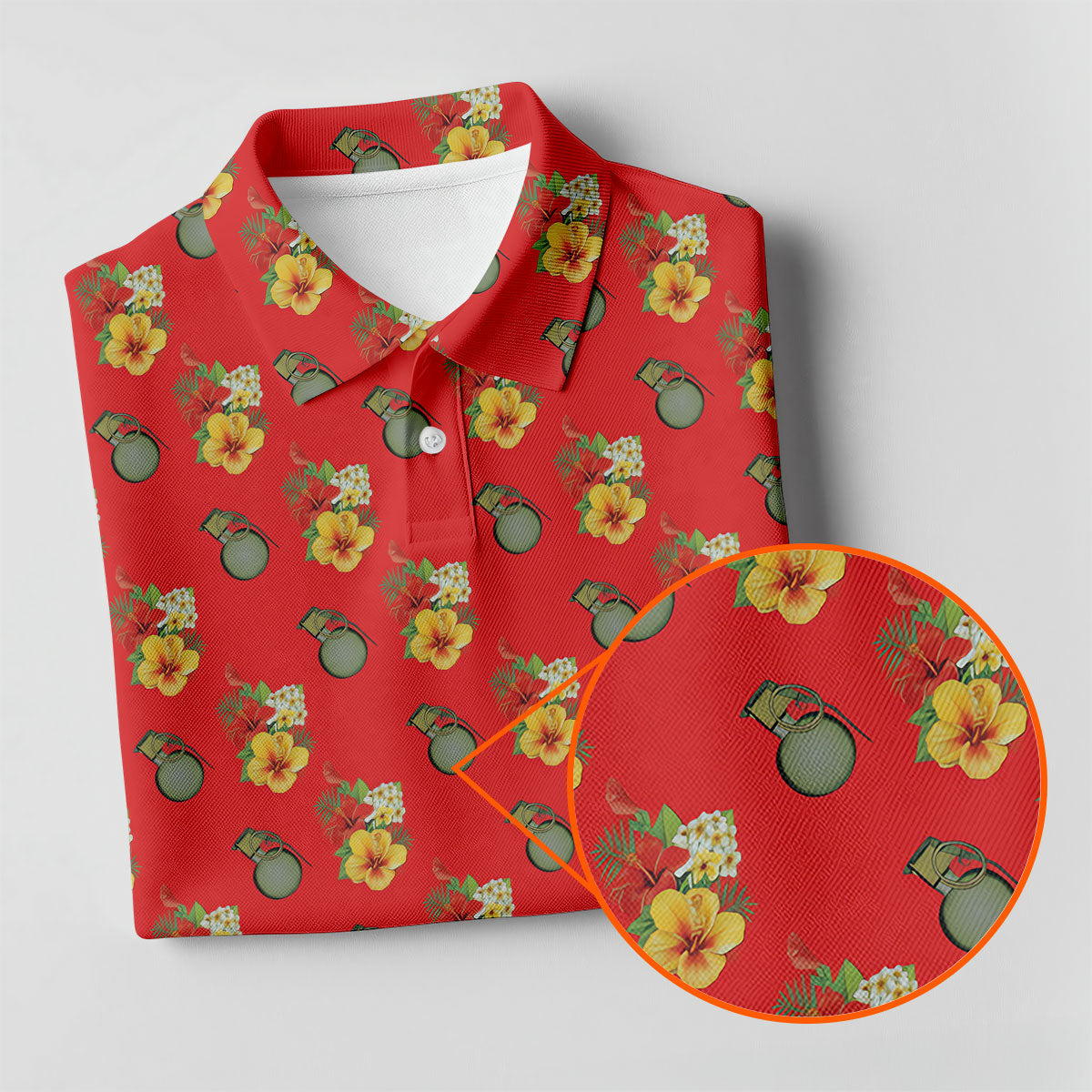 Hibiscus Flowers Green Grenades Seamless Pattern Red Golf Shirt, Women's Golf Tops, Ladies Golf Shirt