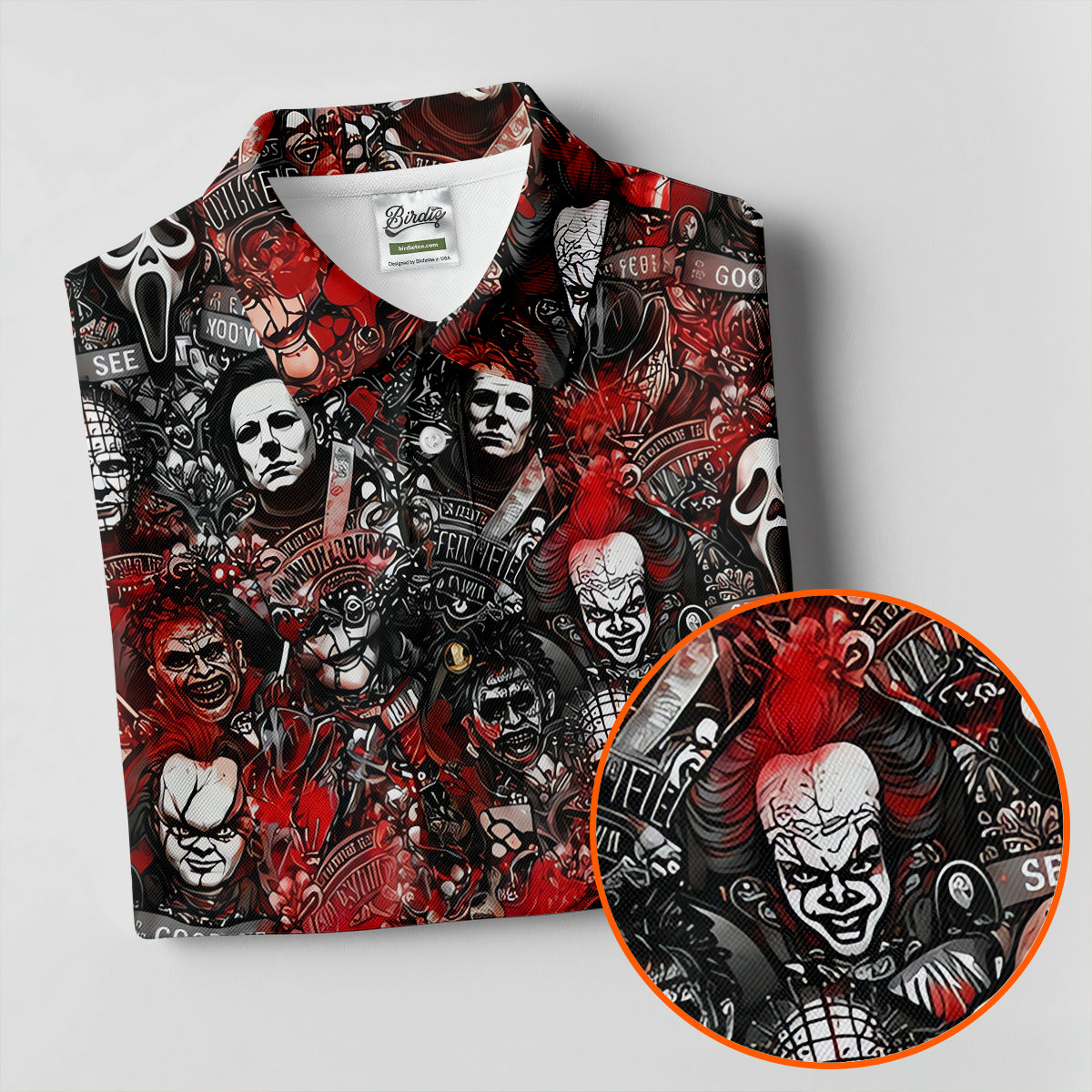 Red Horror Character Collage Halloween Golf Shirt, Women's Golf Polo, Printed Golf Shirt