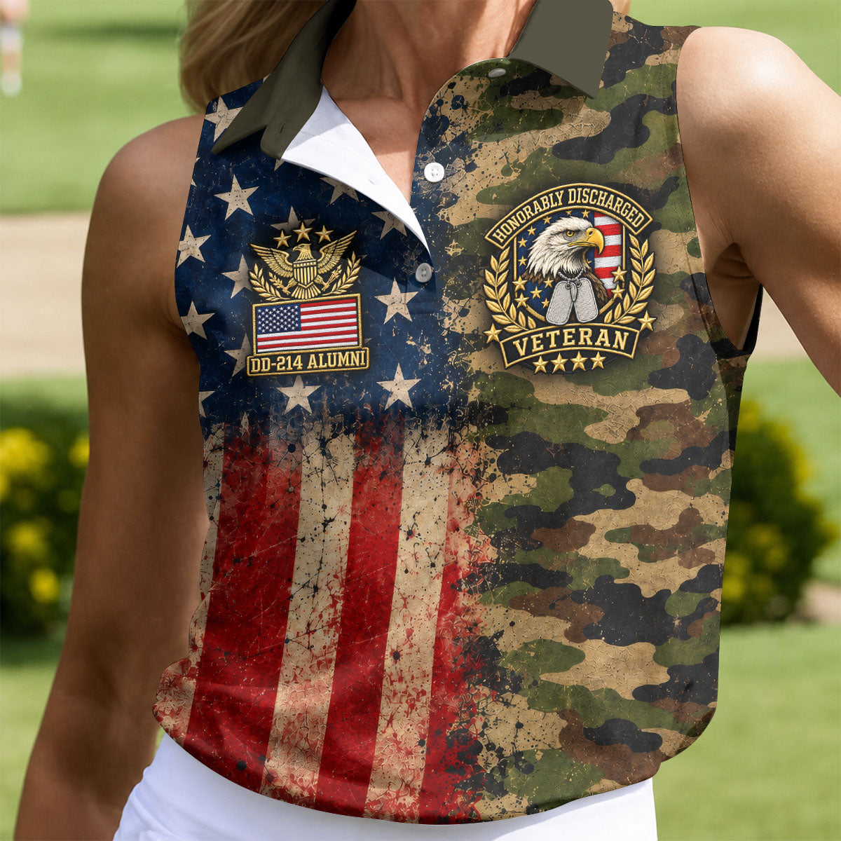 DD-214 Eagle Split USA Flag Camo Polo Shirt, Veterans Day Shirt, Golf Tops For Women