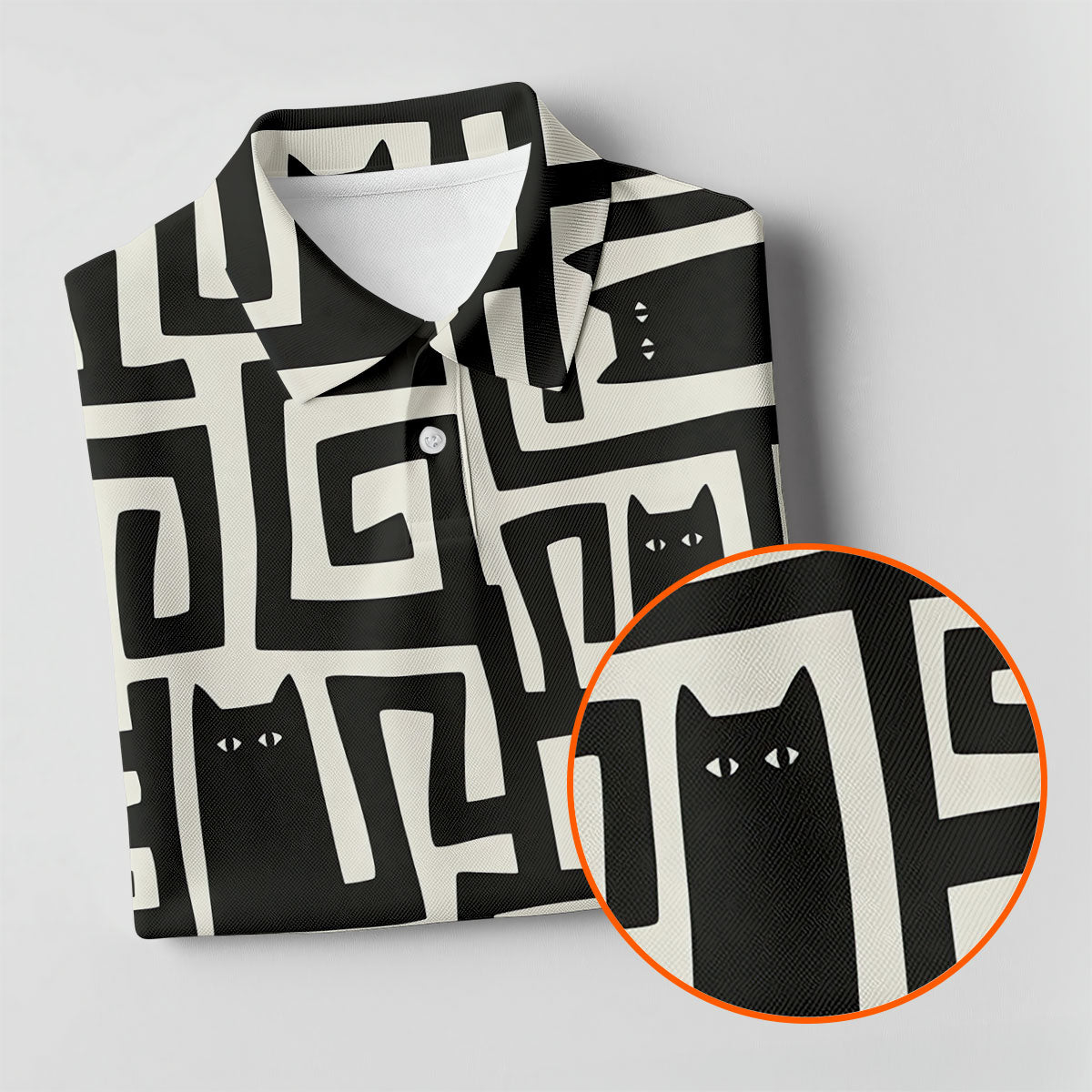 Minimalist Black Cat Maze Pattern Golf Polo Shirt, Women's Golf Tops, Golf Polo For Women