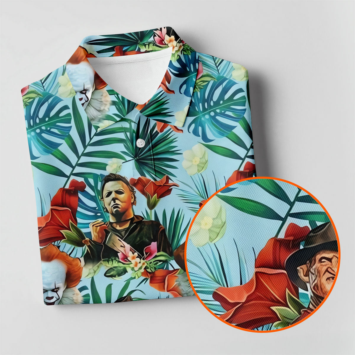 Tropical Horror Character Hawaiian Golf Shirt, Mens Golf Polo, Halloween Golf Shirt