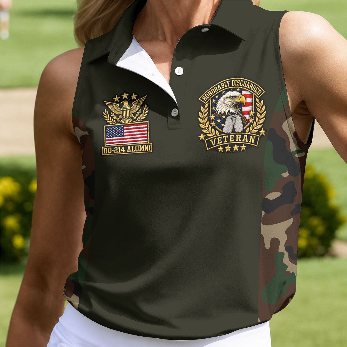 DD-214 Eagle Badge Olive Camo Polo Shirt, Women Golf Tops, Veterans Day Golf Shirt
