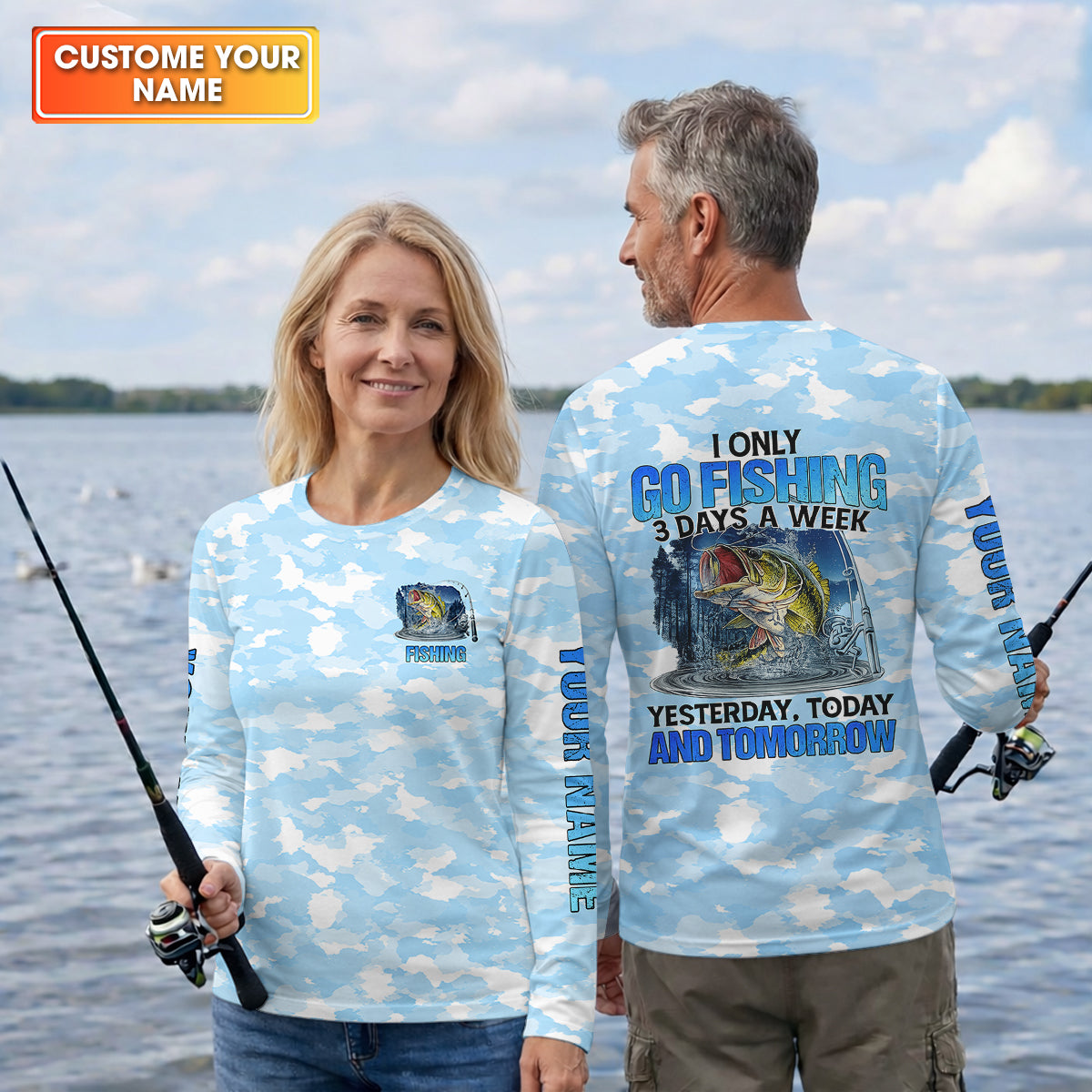 Personalized Camo Fishing Shirt, Go Fishing 3 Days A Week Shirt, Fishing UPF Shirts, Funny Fisherman Gift