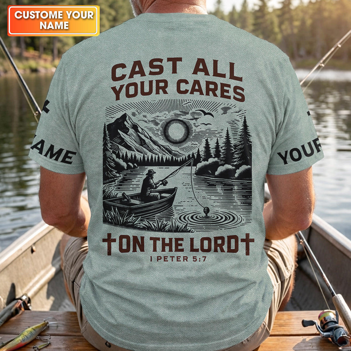 Cast All Your Cares On The Lord Faith Cross Fishing UPF Shirts, Christian Fishing Shirts For Men