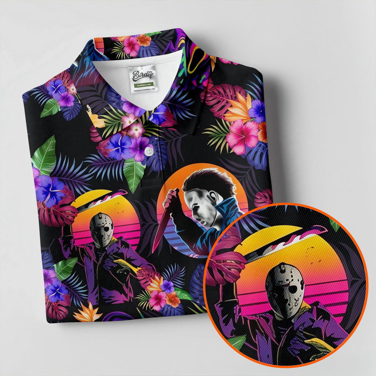 Retro Neon Horror Character Halloween Golf Shirt, Women’s Golf Polo, Printed Golf Shirt