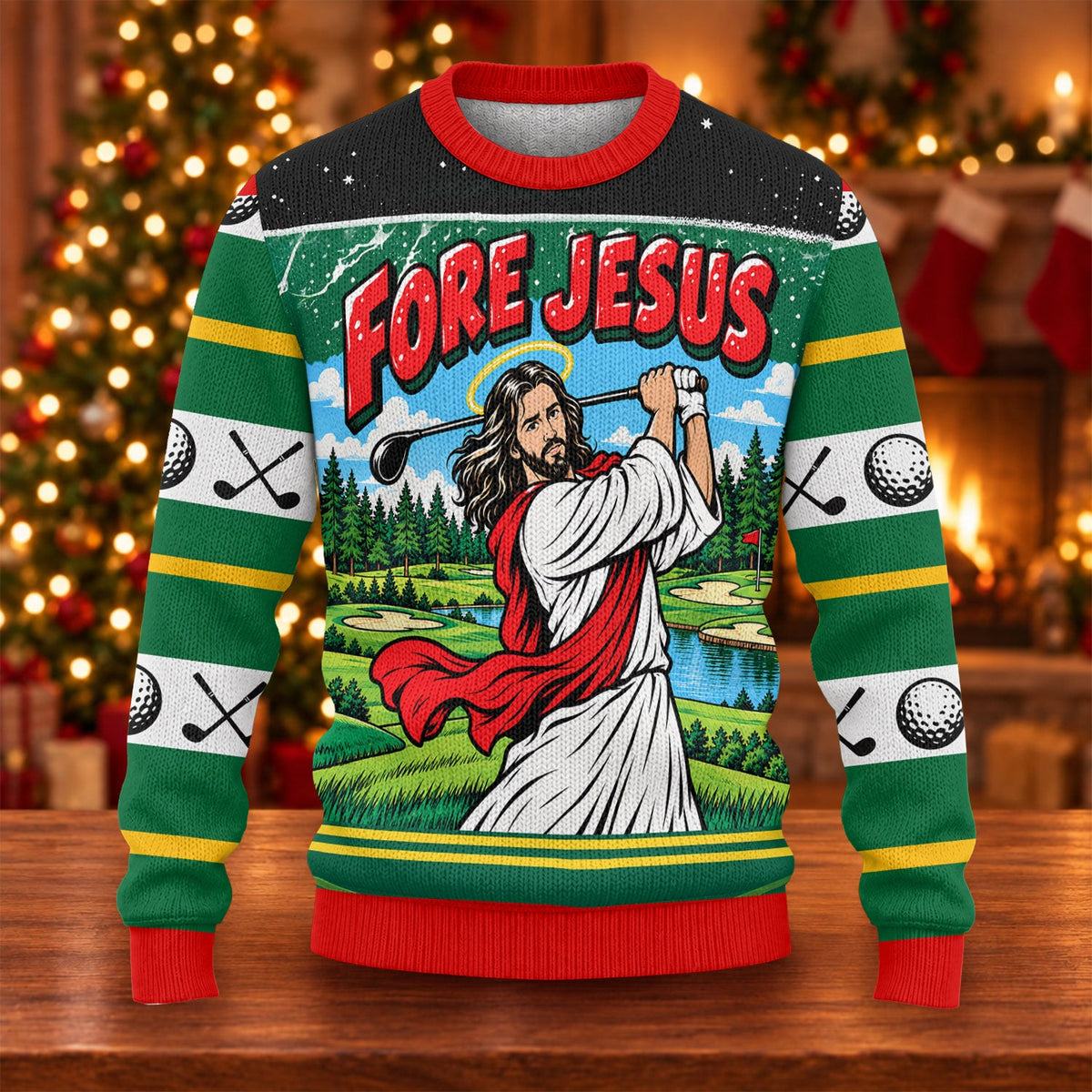 Fore Jesus Golf Swing Ugly Christmas Sweater, Funny Xmas Gift, Christmas Party Outfit