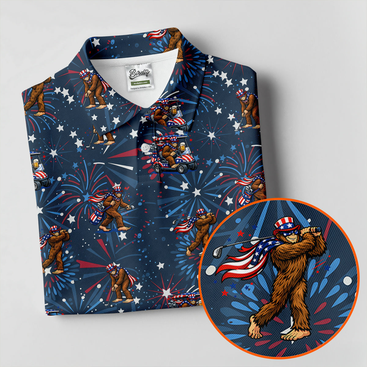 Funny Bigfoot Golf Pose Festive Vibe Navy 4th Of July Women Golf Top, 250th Anniversary Patriotic Golf Shirt
