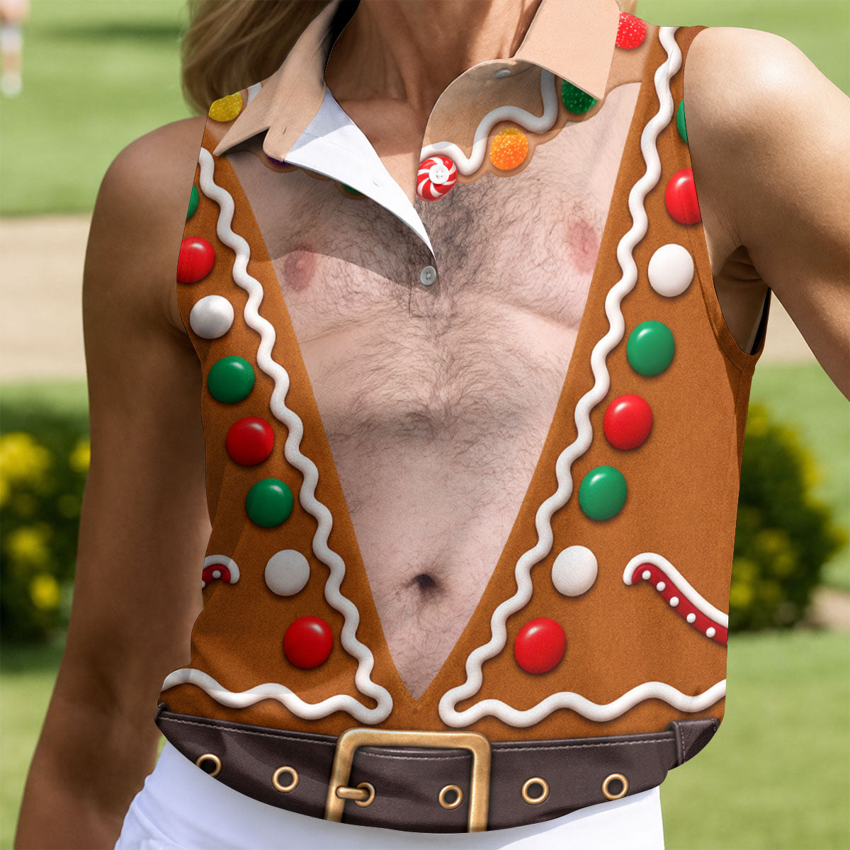 Funny Christmas Gingerbread Costume Polo Shirt, Ladies Golf Top, Women’s Golf Apparel