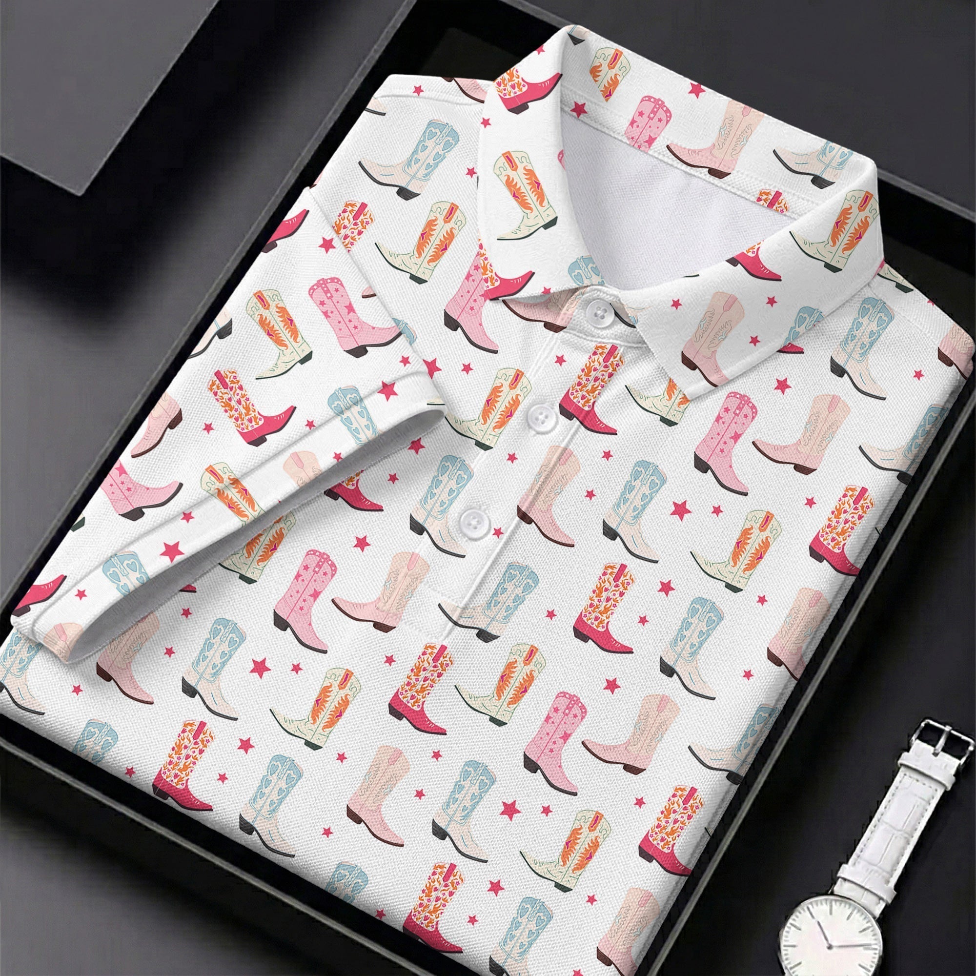 Western Boot Pattern Pastel Shades Retro Golf Shirt, Ladies Golf Polos, Golf Shirt For Women