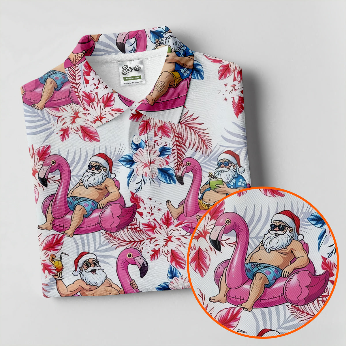 Funny Tropical Santa Flamingo Christmas Polo Shirt, Mens Golf Polo, Hawaiian Golf Shirt