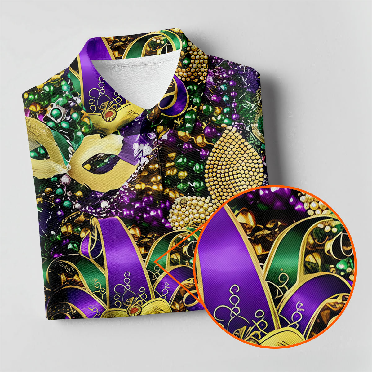 Jester Mask Purple Green Gold Fleur De Lis Beads Mardi Gras Golf Shirt, Women's Golf Tops, Ladies Golf Shirt