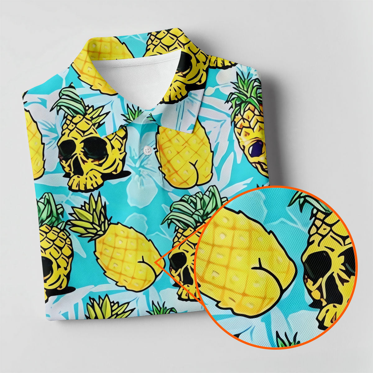 Tropical Pineapple Skull Pattern Golf Shirt, Mens Golf Shirts, Hawaiian Golf Shirt, Golf Apparel For Men