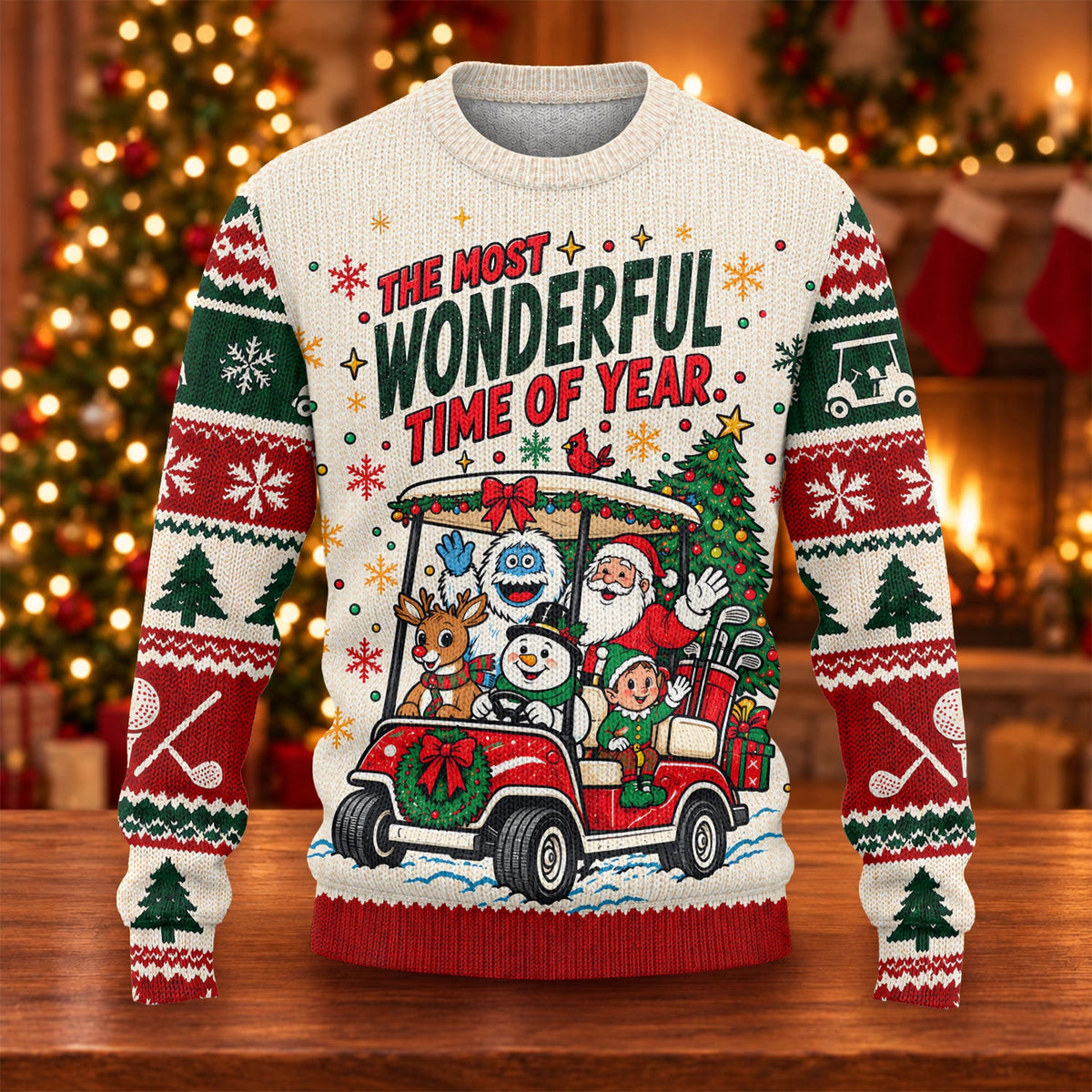 Most Wonderful Time Golf Cart Ugly Christmas Sweater, Holiday Sweaters, Golf Gifts