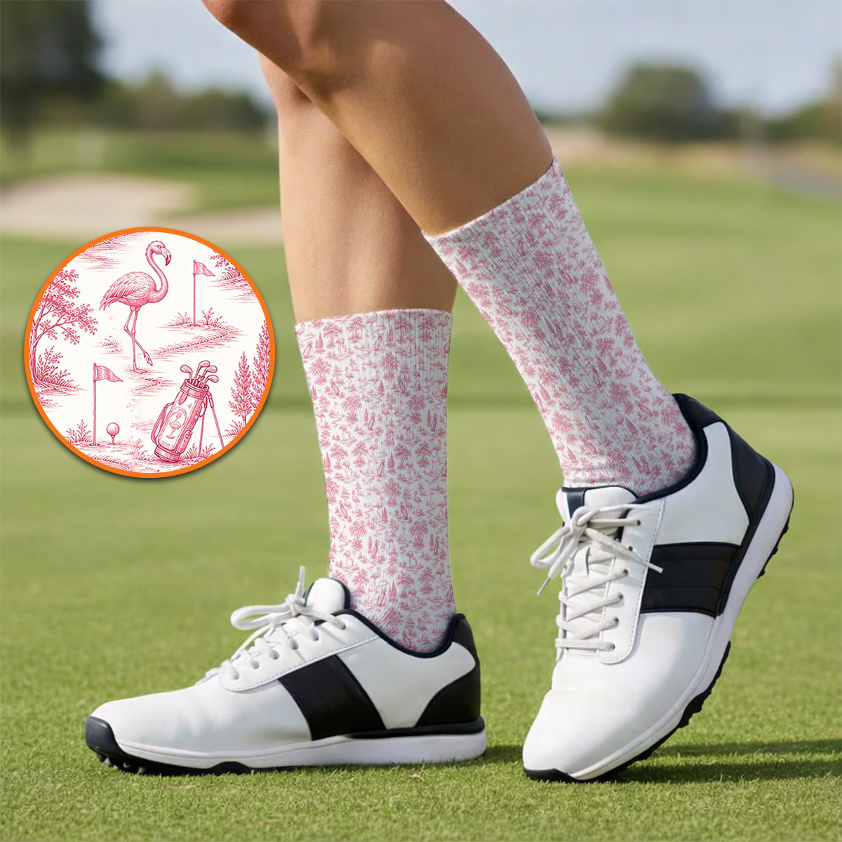 Toile De Jouy Flamingo Golf Crew Sock, Crazy Pink Golf Socks, Golf Gift For Golfer