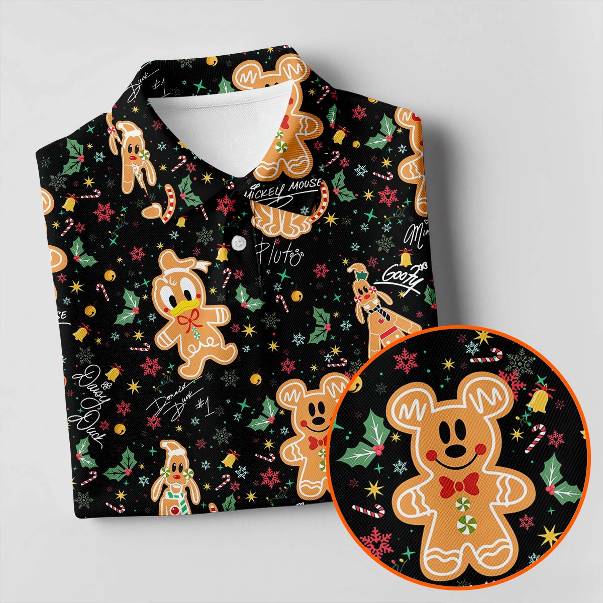 Cute Gingerbread Classic Cartoon Characters Christmas Golf Shirt, Black Golf Shirt, Women's Golf Tops