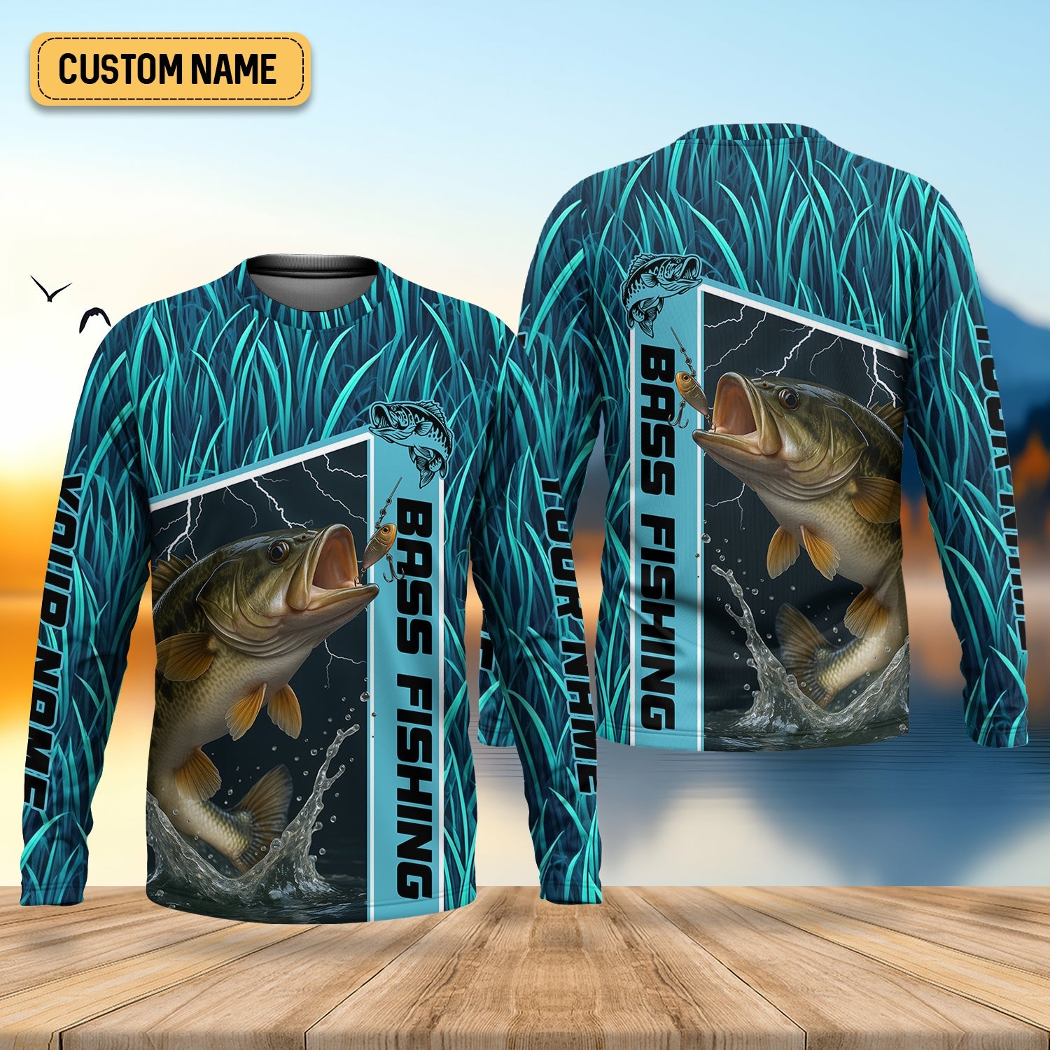 Teal Blue Tournament Fishing Shirts, SPF Long Sleeve Shirts, Fishing Shirts For Men