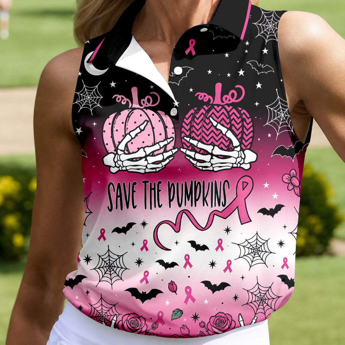 Save The Pumpkins Halloween Breast Cancer Polo Shirt, Womens Golf Tops, Women’s Golf Polo