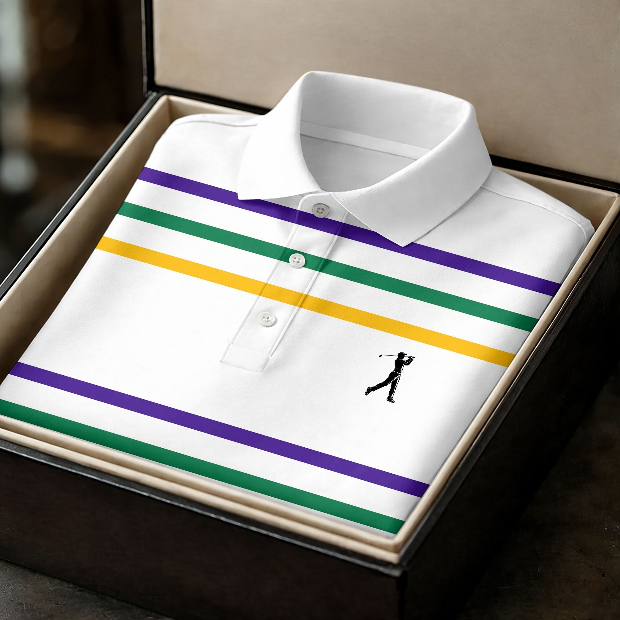 Mardi Gras Purple Green Gold Stripe Pattern Women White Golf Shirt, Ladies Golf Polos, Golf Shirt For Women