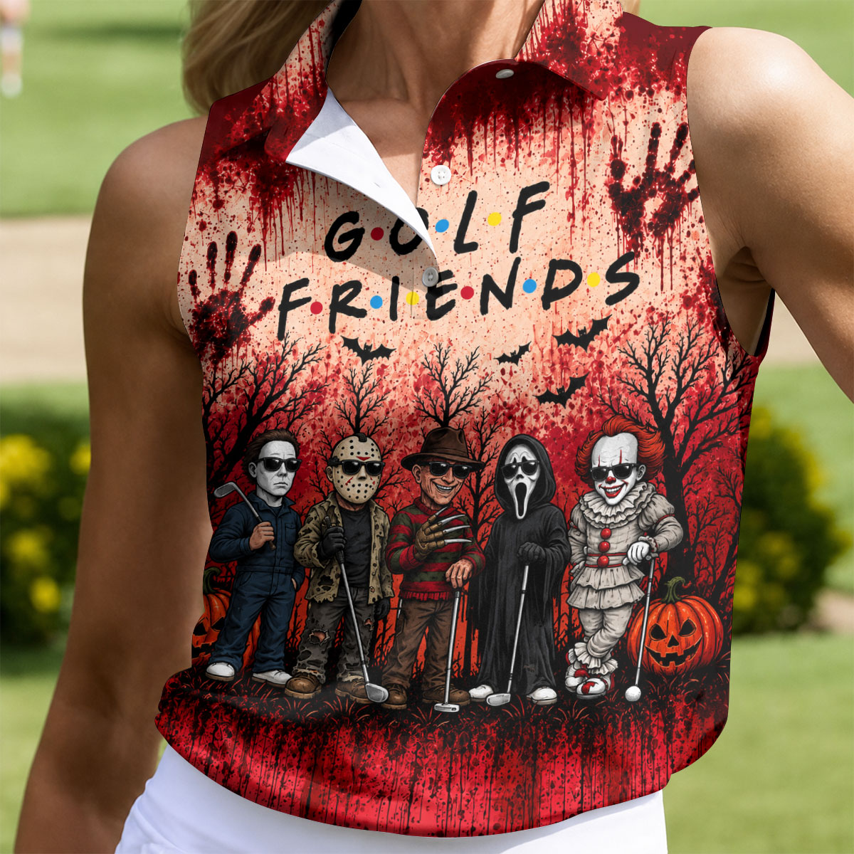 Golf Friends Halloween Horror Character Group Polo Shirt, Women's Golf Polo, Golf Apparel